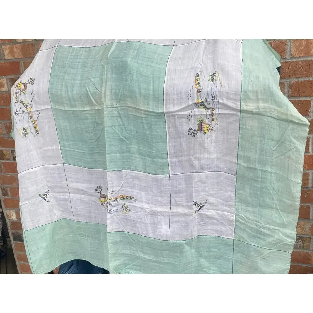 Vintage Chinese Linen Card Table Cloth Petit Embroidery Work 48x48